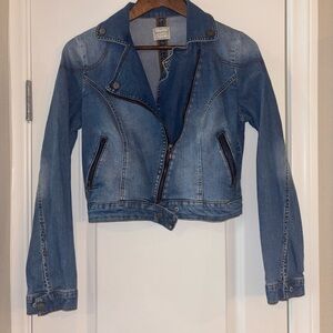 Mango Cropped Jean Jacket with Asymmetrical Zipper